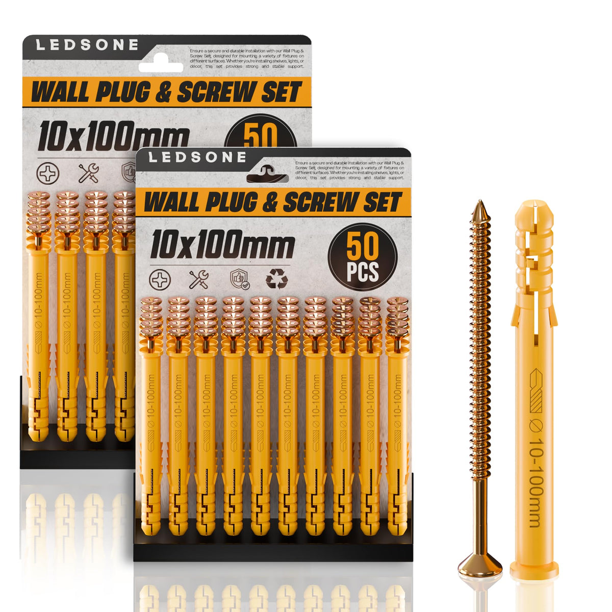 Yellow Wall Plugs and Screws, 100 Pieces (2 x 50) – 6, 8 or 10 mm - 10 x 100 mm