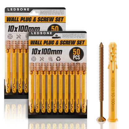Yellow Wall Plugs and Screws, 100 Pieces (2 x 50) – 6, 8 or 10 mm - 10 x 100 mm