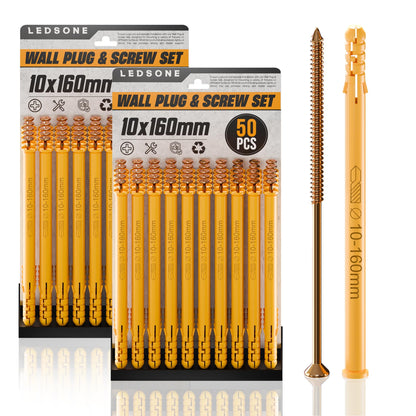 Yellow Wall Plugs and Screws, 100 Pieces (2 x 50) – 6, 8 or 10 mm - 10 x 160 mm