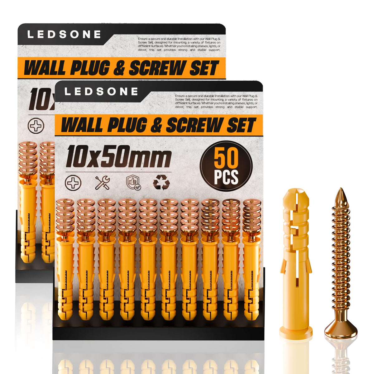 Yellow Wall Plugs and Screws, 100 Pieces (2 x 50) – 6, 8 or 10 mm - 10 x 50 mm