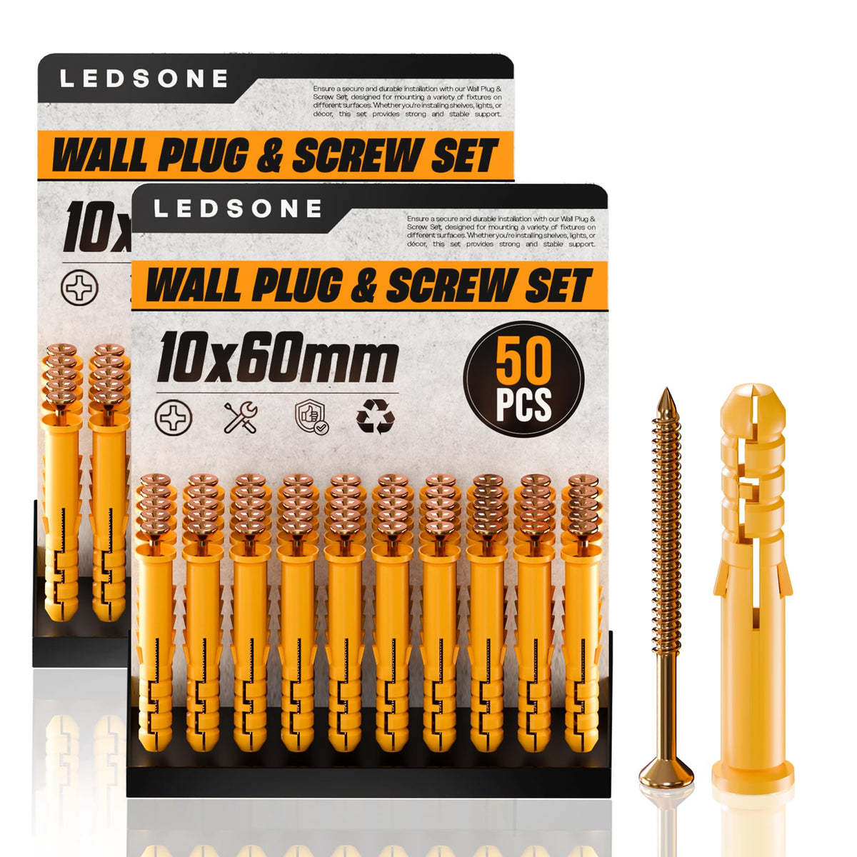 Yellow Wall Plugs and Screws, 100 Pieces (2 x 50) – 6, 8 or 10 mm - 10 x 60 mm