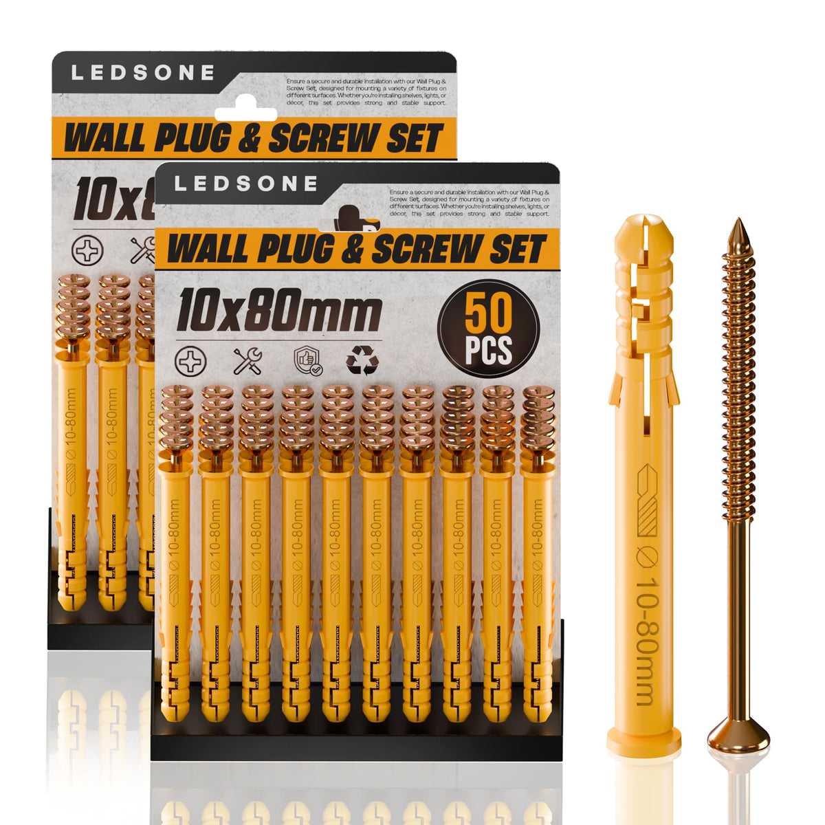 Yellow Wall Plugs and Screws, 100 Pieces (2 x 50) – 6, 8 or 10 mm - 10 x 80 mm