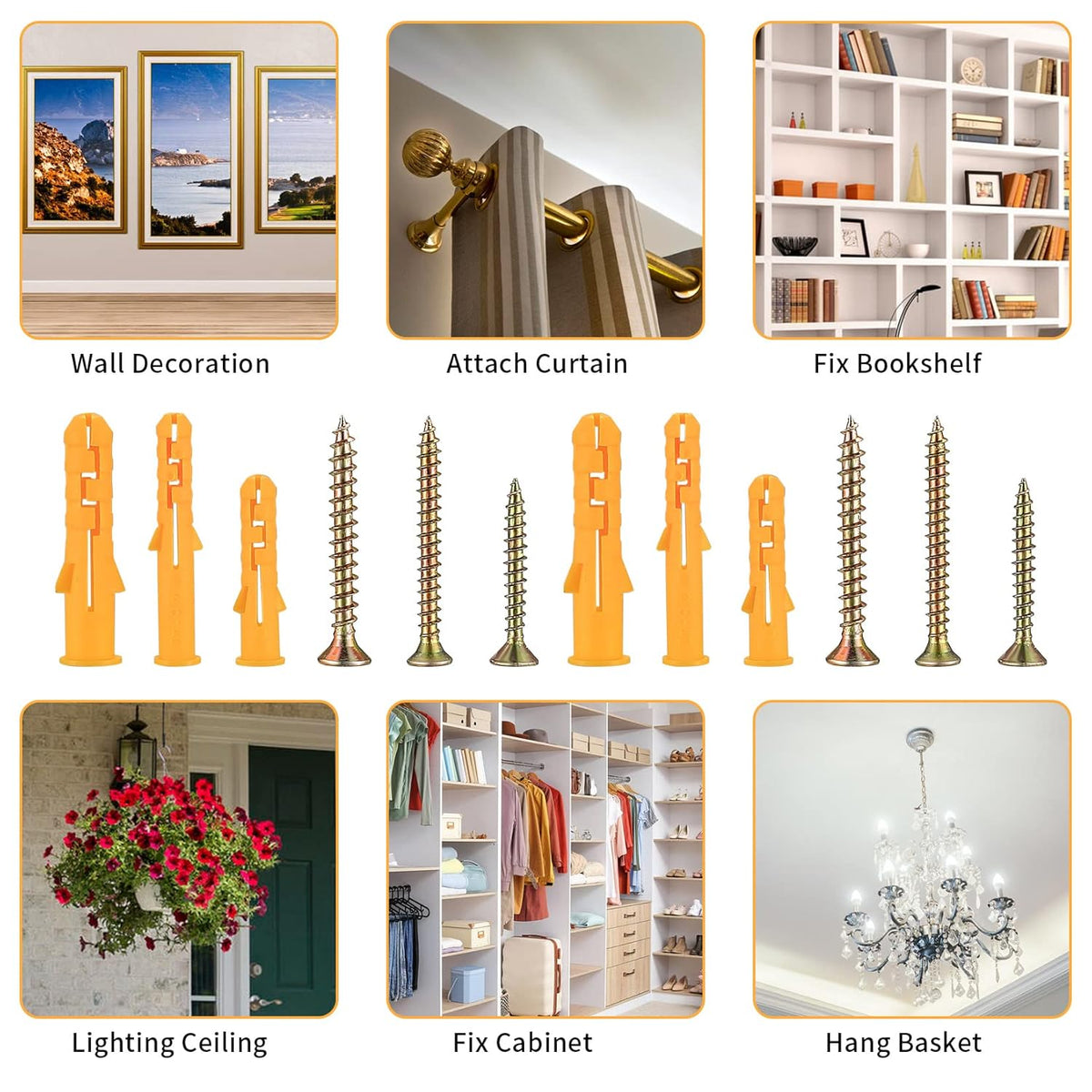 Yellow Wall Plugs and Screws, 100 Pieces (2 x 50) – 6, 8 or 10 mm - photo 3