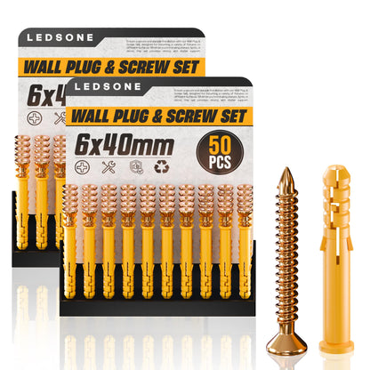Yellow Wall Plugs and Screws, 100 Pieces (2 x 50) – 6, 8 or 10 mm - 6 x 40 mm
