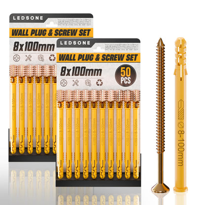 Yellow Wall Plugs and Screws, 100 Pieces (2 x 50) – 6, 8 or 10 mm - 8 x 100 mm