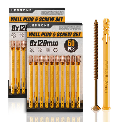 Yellow Wall Plugs and Screws, 100 Pieces (2 x 50) – 6, 8 or 10 mm - 8 x 120 mm