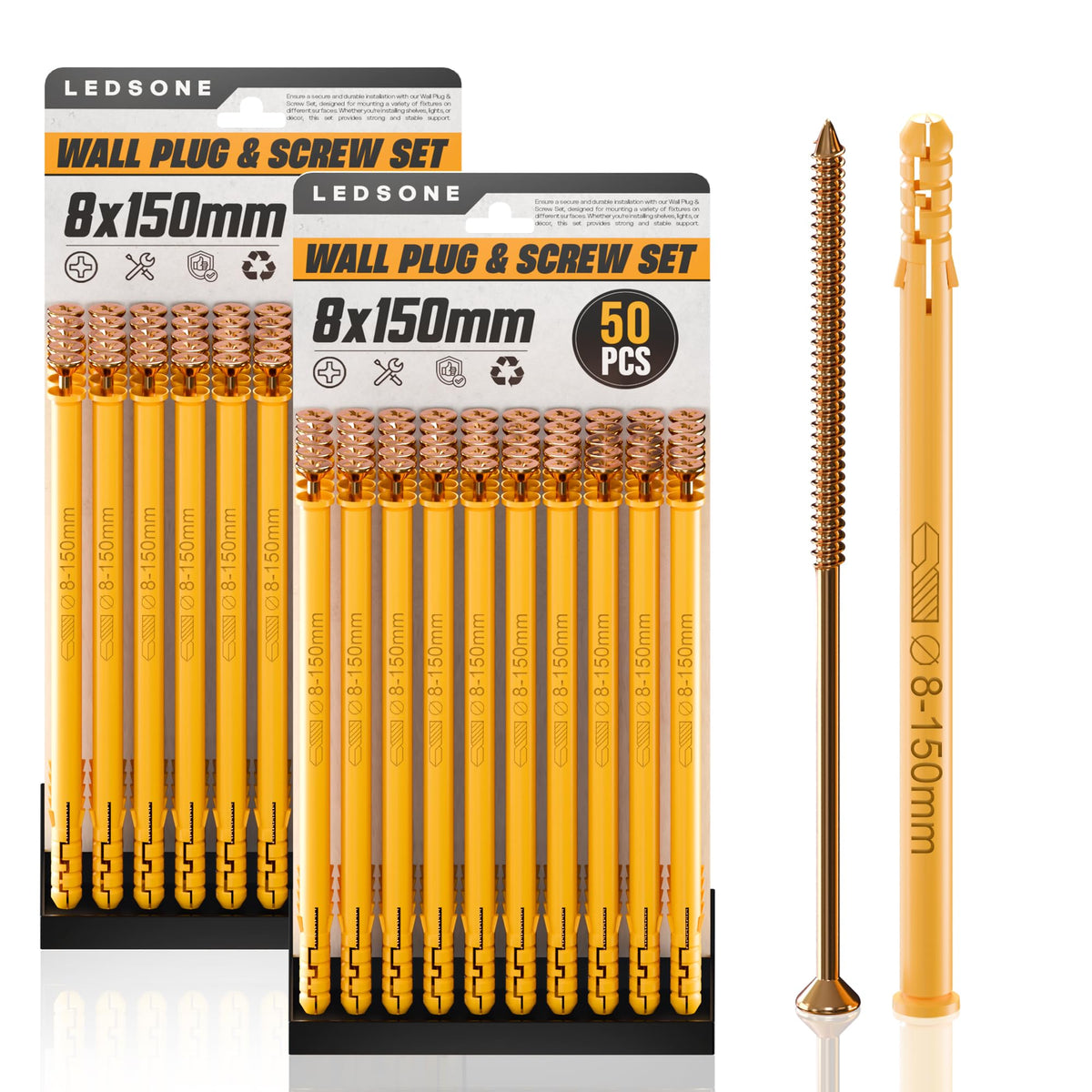 Yellow Wall Plugs and Screws, 100 Pieces (2 x 50) – 6, 8 or 10 mm - 8 x 150 mm