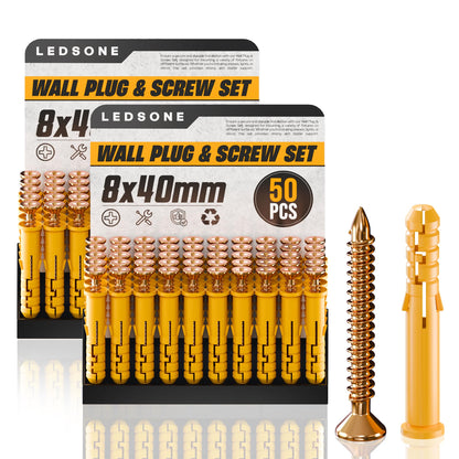 Yellow Wall Plugs and Screws, 100 Pieces (2 x 50) – 6, 8 or 10 mm - 8 x 40 mm
