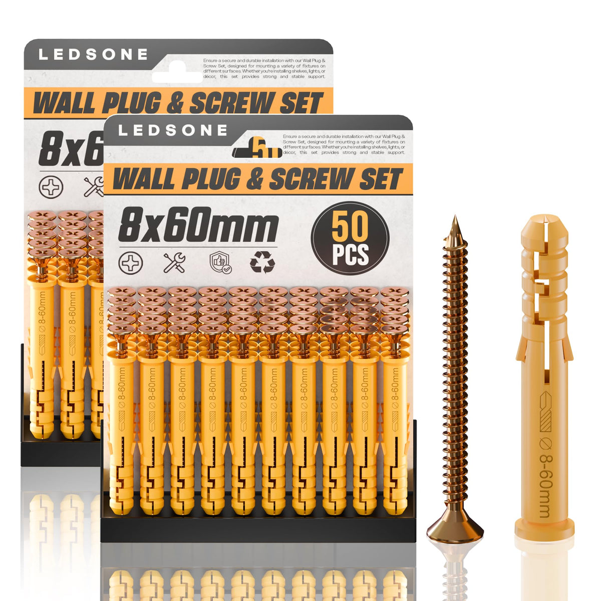 Yellow Wall Plugs and Screws, 100 Pieces (2 x 50) – 6, 8 or 10 mm - 8 x 60 mm