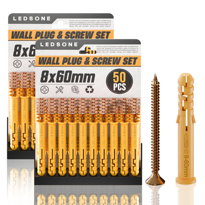 Yellow Wall Plugs and Screws, 100 Pieces (2 x 50) – 6, 8 or 10 mm - 8 x 60 mm
