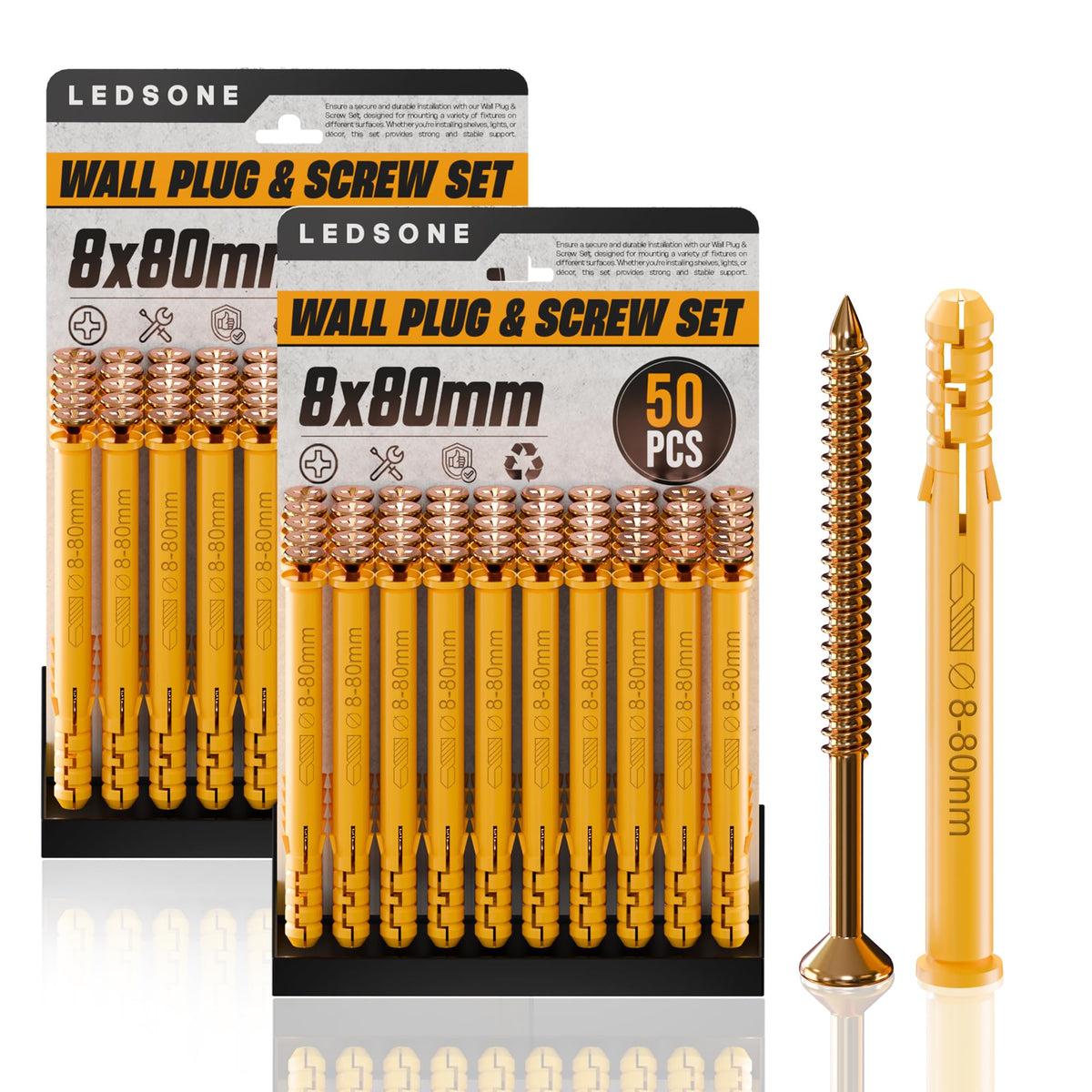 Yellow Wall Plugs and Screws, 100 Pieces (2 x 50) – 6, 8 or 10 mm - 8 x 80 mm