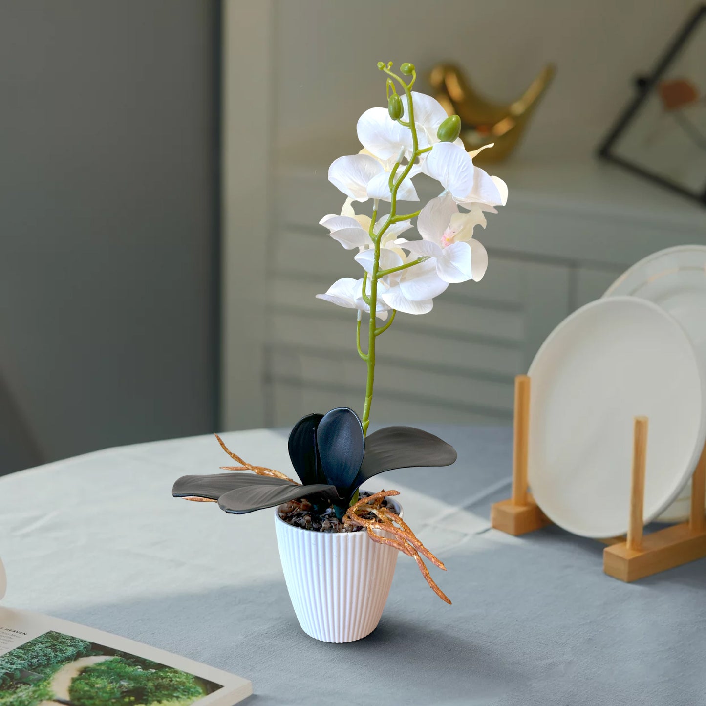 Artificial Orchid with Leaf Potted Plant for Table Decoration ~1233