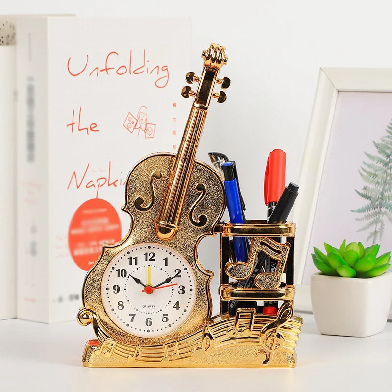 Plastic Violin Clock Figurine Small Bedside Pen Holder Clock ~1127