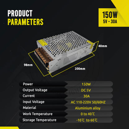 5V IP20 Enclosed Switching Power Supply – 10W to 300W - 150W, Single