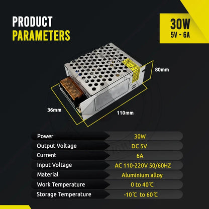 5V IP20 Enclosed Switching Power Supply – 10W to 300W - 30W, Single