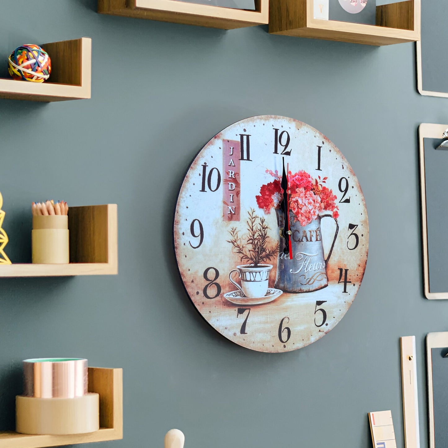 Cafe Cup and Flowers Ticking Round Shabby Chic Wall Clock