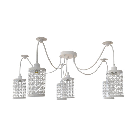 6-Way Spider Pendant Light – White Crystal-Look Cage Shades, E27
