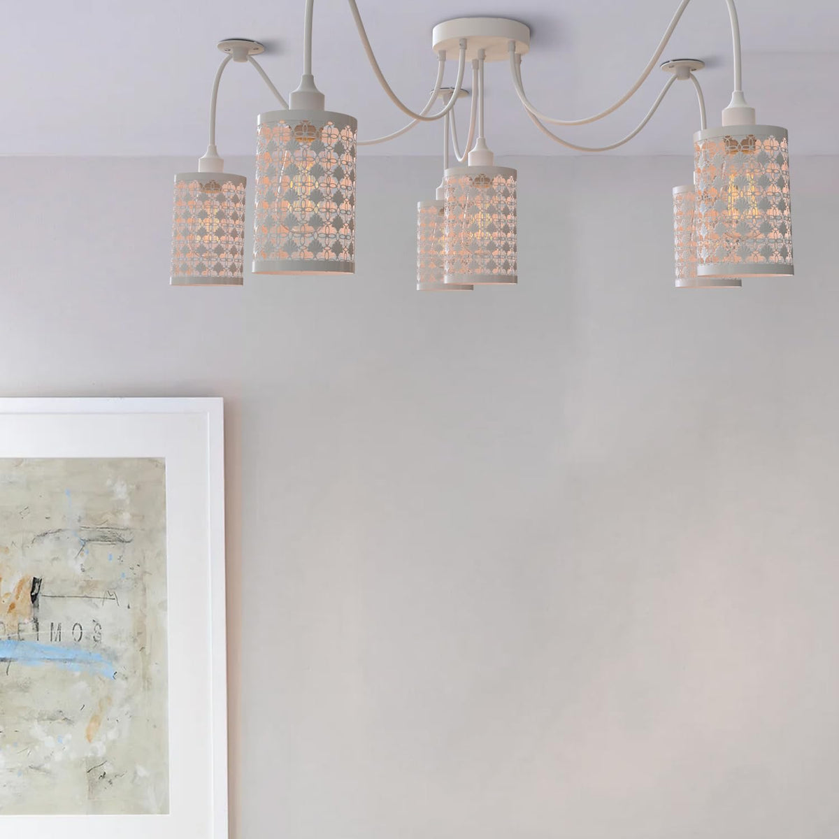6-Way Spider Pendant Light – White Crystal-Look Cage Shades, E27 - photo 2