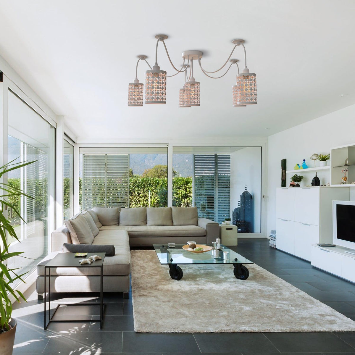 6-Way Spider Pendant Light – White Crystal-Look Cage Shades, E27 - photo 4