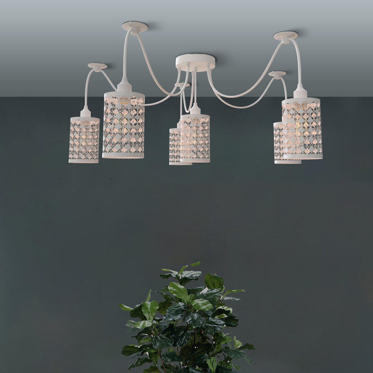 6-Way Spider Pendant Light – White Crystal-Look Cage Shades, E27 - photo 7