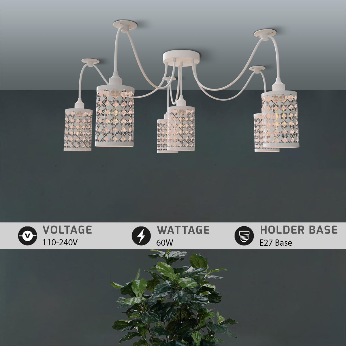 6-Way Spider Pendant Light – White Crystal-Look Cage Shades, E27 - photo 8