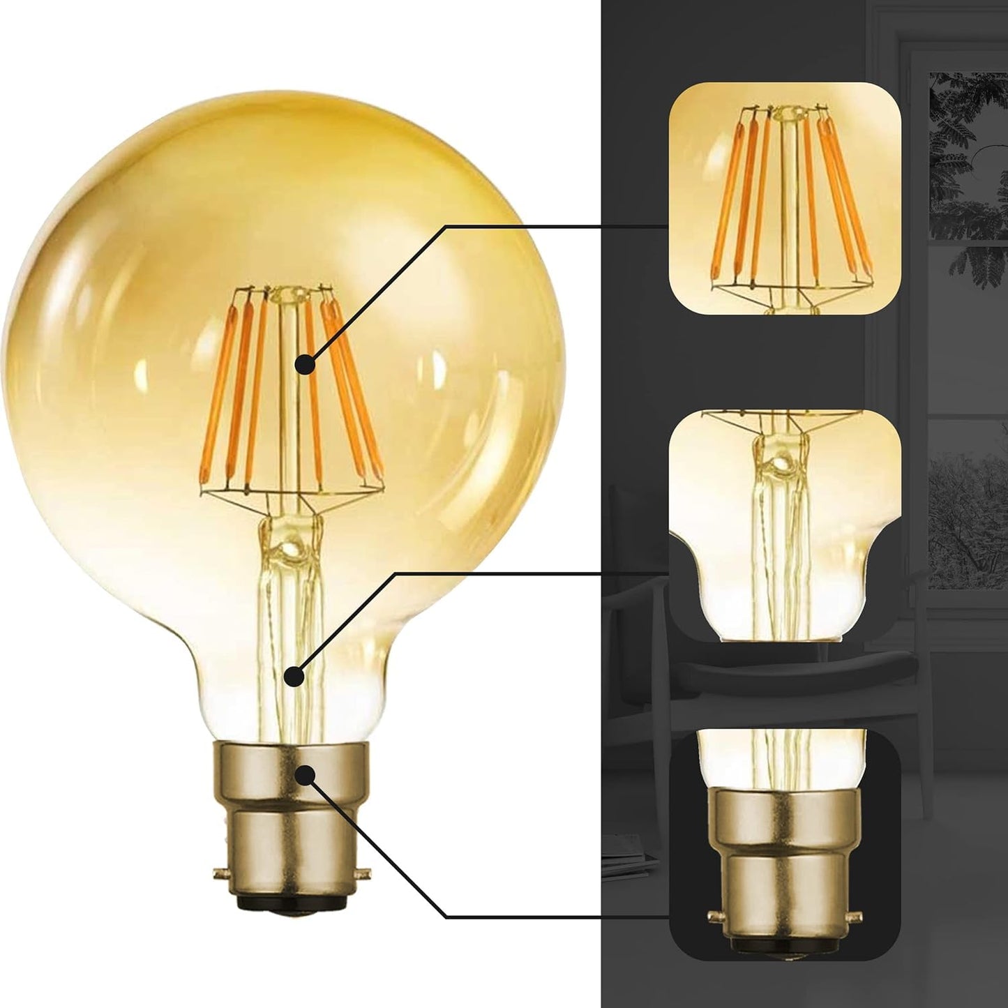 Vintage G125 8W LED Bulb B22 Dimmable Amber Glass ~1341