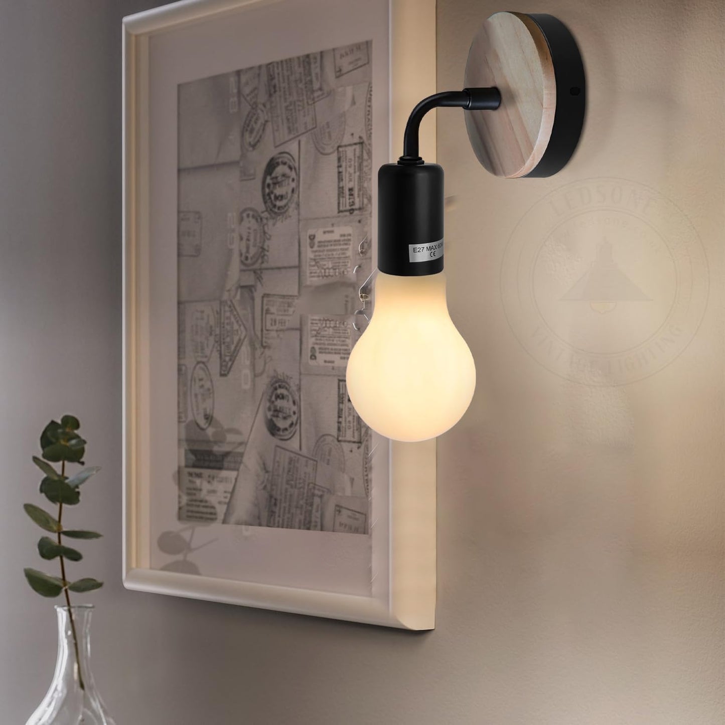 Vintage Wall Lights Industrial Wooden and Metal Wall Lamp Wall-Mounted E27 60W Max Edison Lamp Holder for Bedroom, Living Room, Office