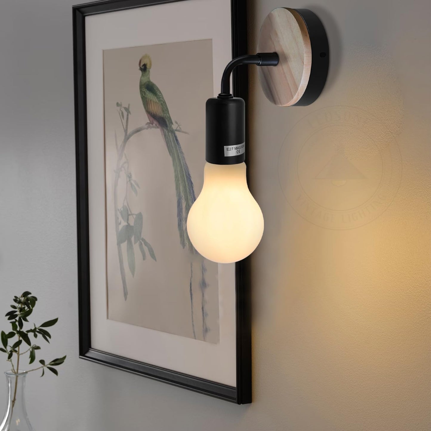 Vintage Wall Lights Industrial Wooden and Metal Wall Lamp Wall-Mounted E27 60W Max Edison Lamp Holder for Bedroom, Living Room, Office
