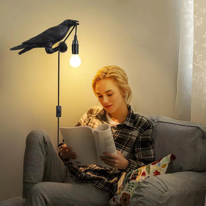 Black Birds Table Lamps Resin Crow Desk LED Lamp E27 Base Modern Raven Art Deco Bedside Decor Plug In Cord Wall Lamps for Bedroom, Office, College Dorm, Right Black Wall