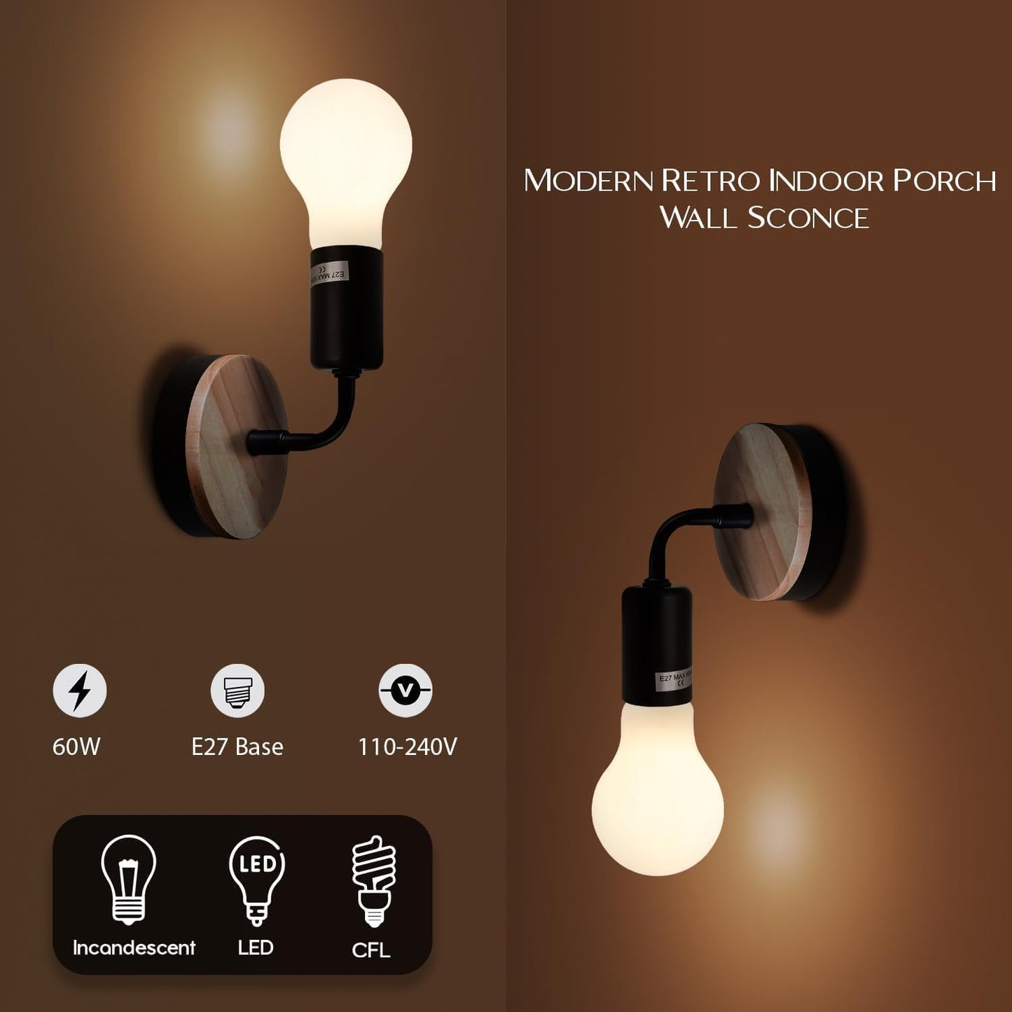Vintage Wall Lights Industrial Wooden and Metal Wall Lamp Wall-Mounted E27 60W Max Edison Lamp Holder for Bedroom, Living Room, Office
