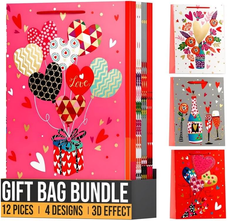Gift bag bundle with colorful designs on a pink background
