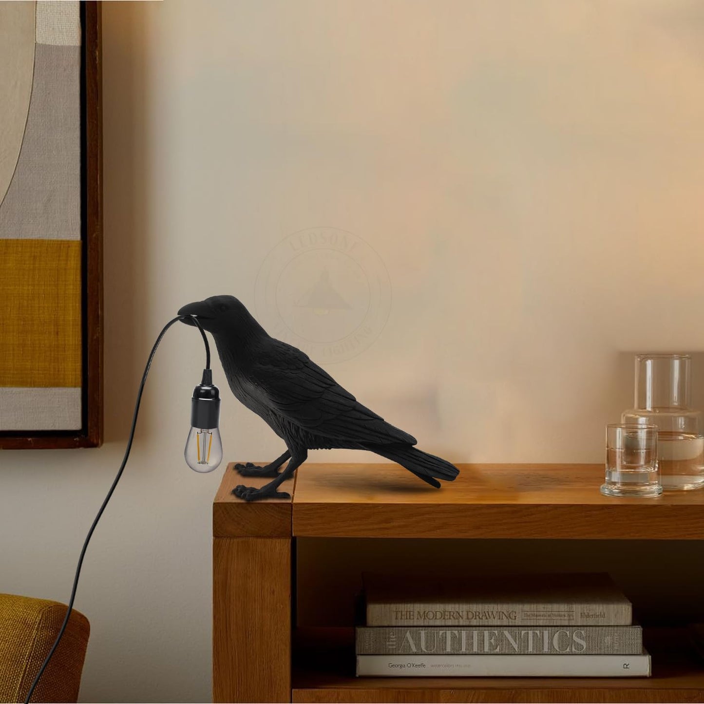 Black Birds Table Lamps Resin Crow Desk LED Lamp E27 Base Modern Raven Art Deco Bedside Decor Plug In Cord Wall Lamps for Bedroom, Office, College Dorm, Right Black Wall