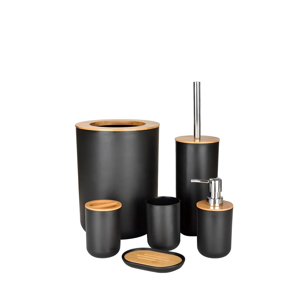 Bathroom Accessory Set with Bin & Toilet Brush – 6 or 7 Pieces, Round or Square - Black Round, 6 Pieces, Bamboo Trim