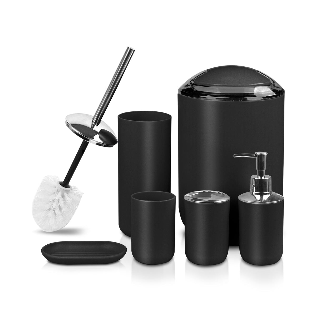 Bathroom Accessory Set with Bin & Toilet Brush – 6 or 7 Pieces, Round or Square - Black Round, 7 Pieces, Dome-Lid Bin
