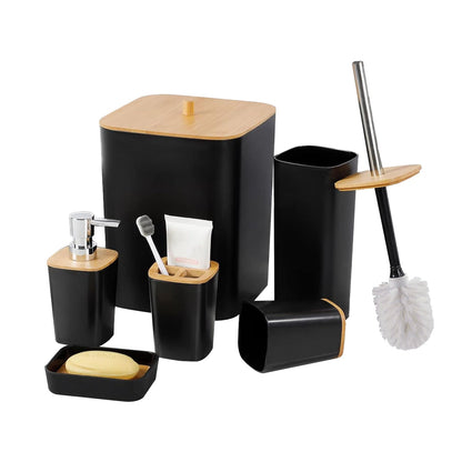 Bathroom Accessory Set with Bin & Toilet Brush – 6 or 7 Pieces, Round or Square - Black Square, 6 Pieces, Bamboo Trim