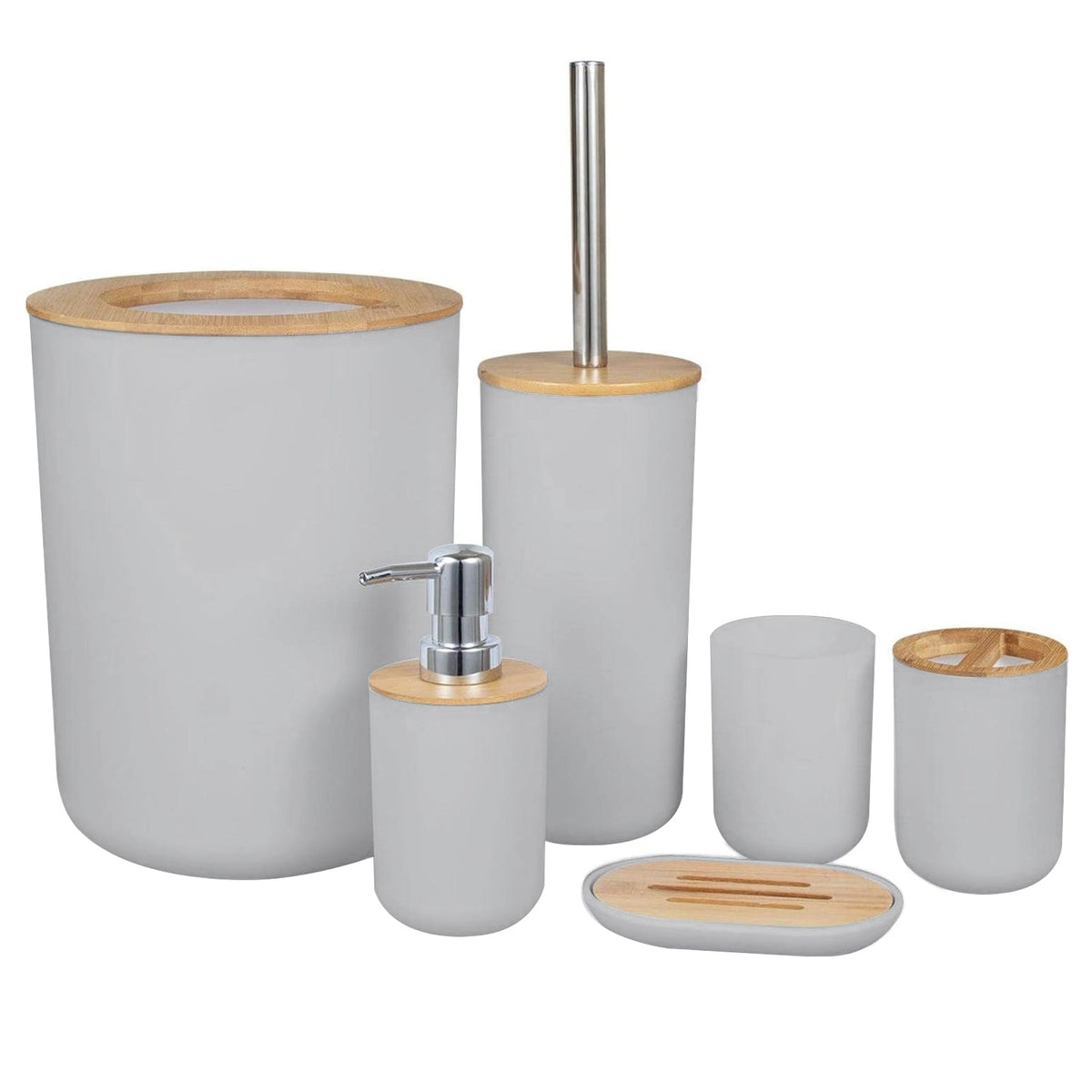 Bathroom Accessory Set with Bin & Toilet Brush – 6 or 7 Pieces, Round or Square - Grey Round, 6 Pieces, Bamboo Trim