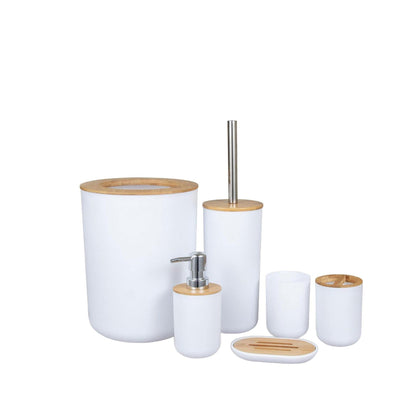 Bathroom Accessory Set with Bin & Toilet Brush – 6 or 7 Pieces, Round or Square - White Round, 6 Pieces, Bamboo Trim