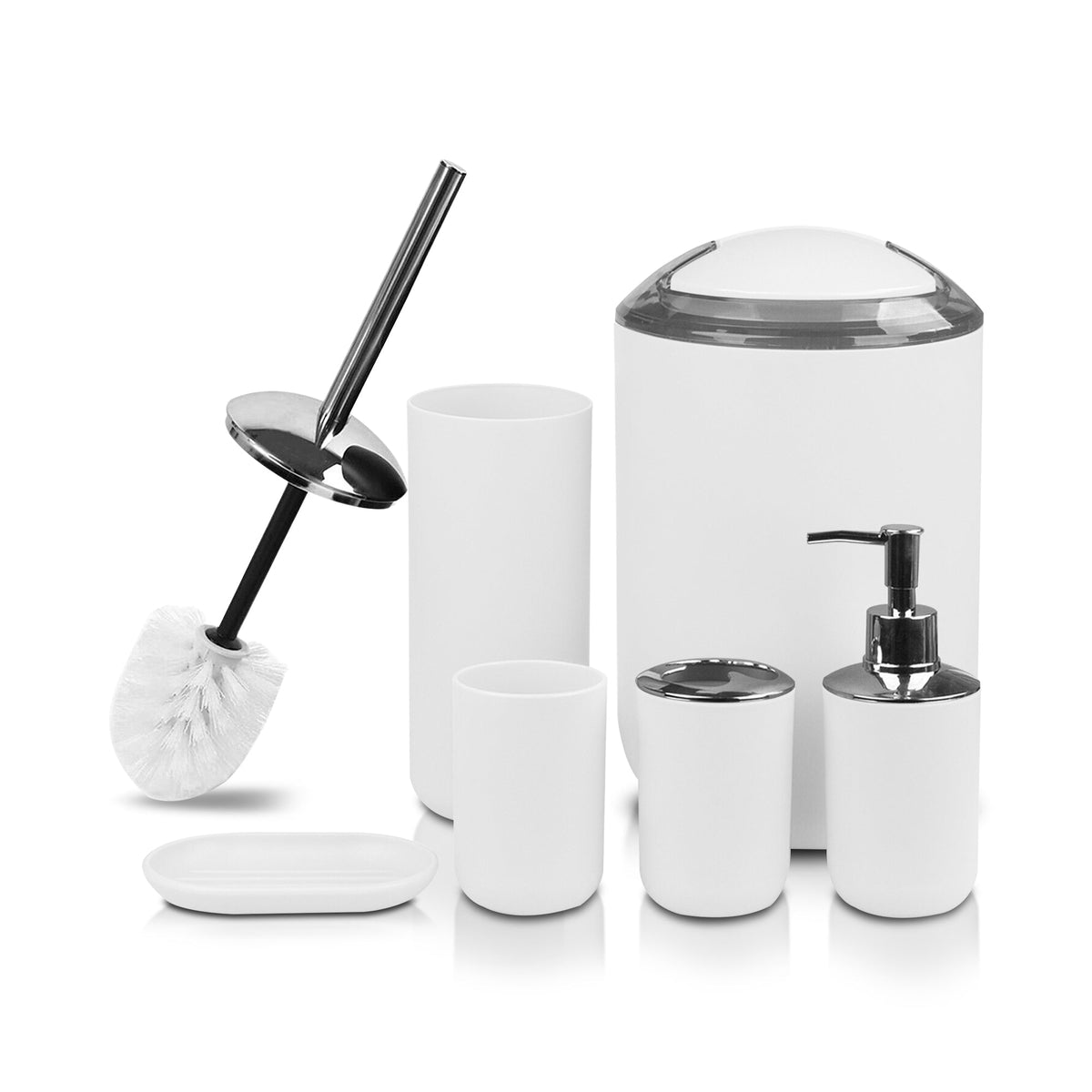 Bathroom Accessory Set with Bin & Toilet Brush – 6 or 7 Pieces, Round or Square - White Round, 7 Pieces, Dome-Lid Bin