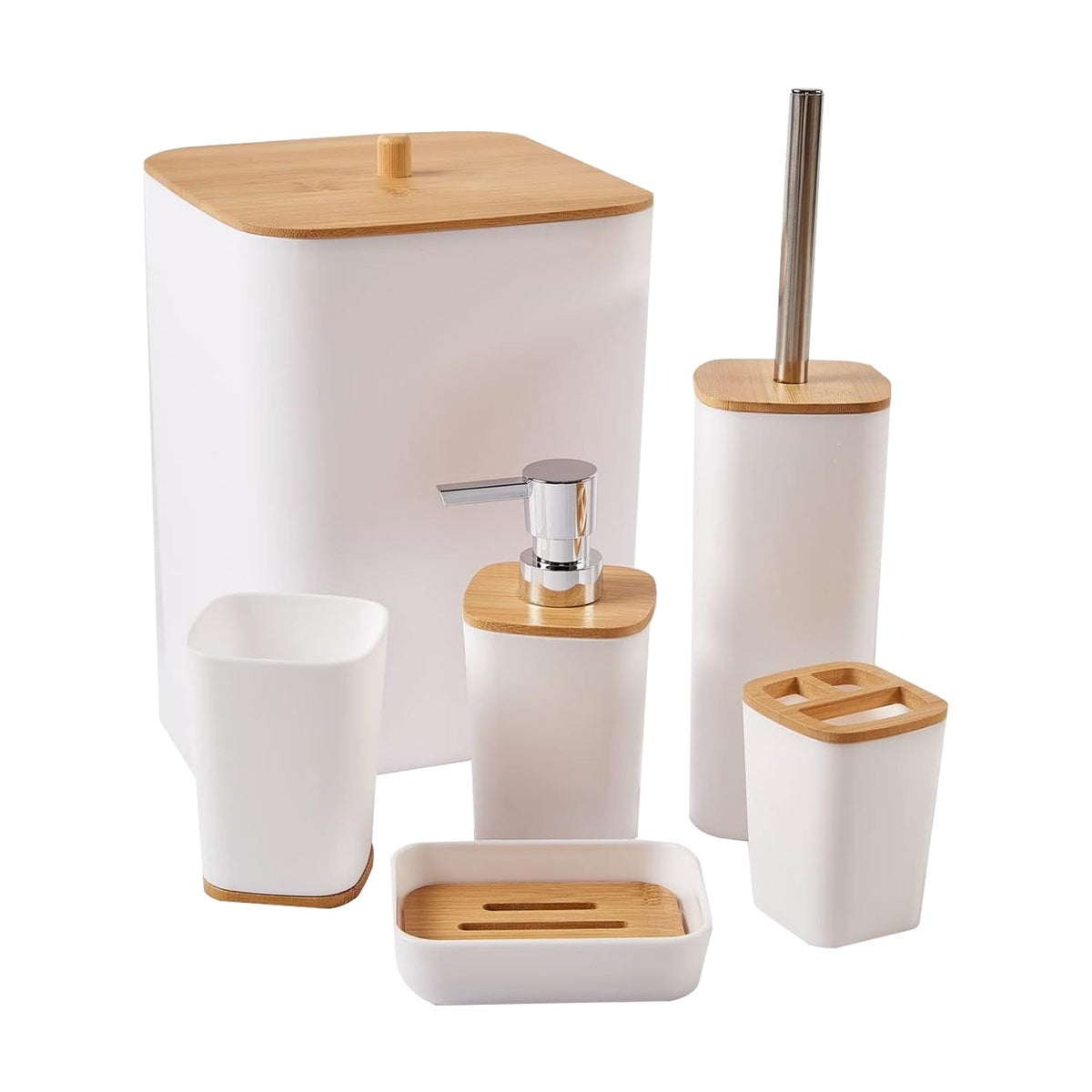 Bathroom Accessory Set with Bin & Toilet Brush – 6 or 7 Pieces, Round or Square - White Square, 6 Pieces, Bamboo Trim