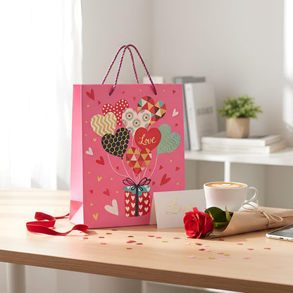 Pink gift bag with heart designs on a desk with a cup of coffee and a rose.