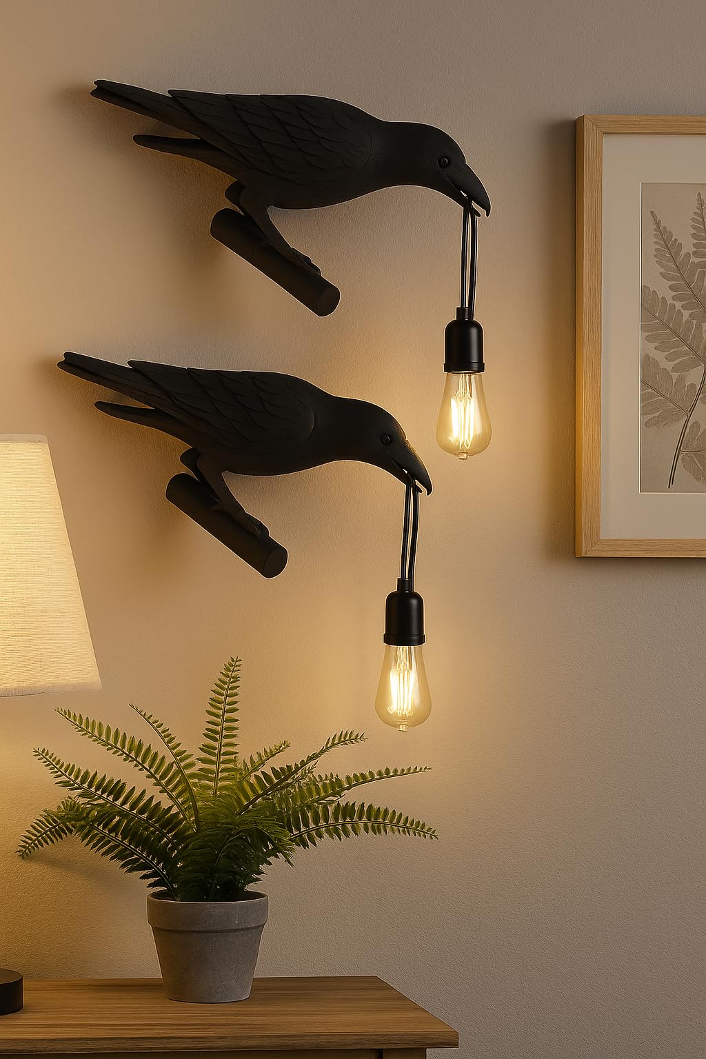 Black Birds Table Lamps Resin Crow Desk LED Lamp E27 Base Modern Raven Art Deco Bedside Decor Plug In Cord Wall Lamps for Bedroom, Office, College Dorm, Right Black Wall