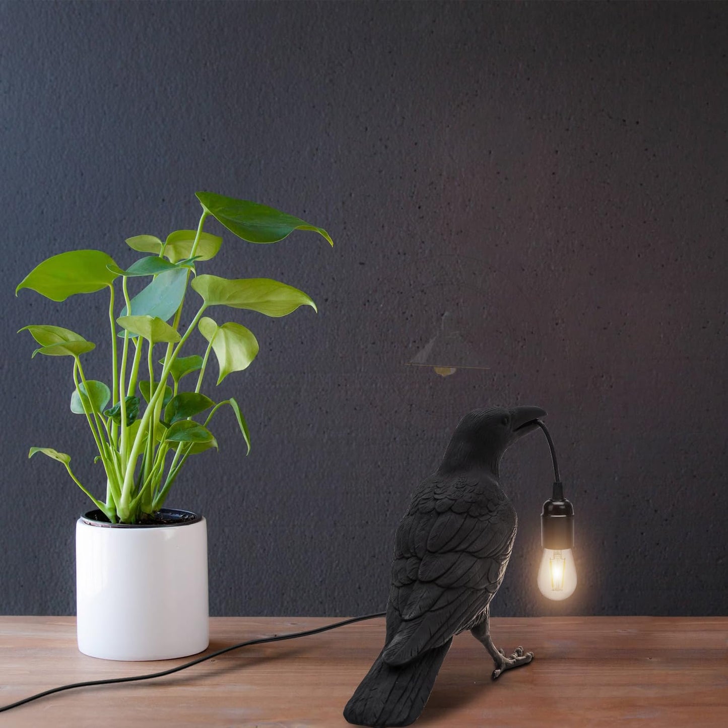 Black Birds Table Lamps Resin Crow Desk LED Lamp E27 Base Modern Raven Art Deco Bedside Decor Plug In Cord Wall Lamps for Bedroom, Office, College Dorm, Right Black Wall