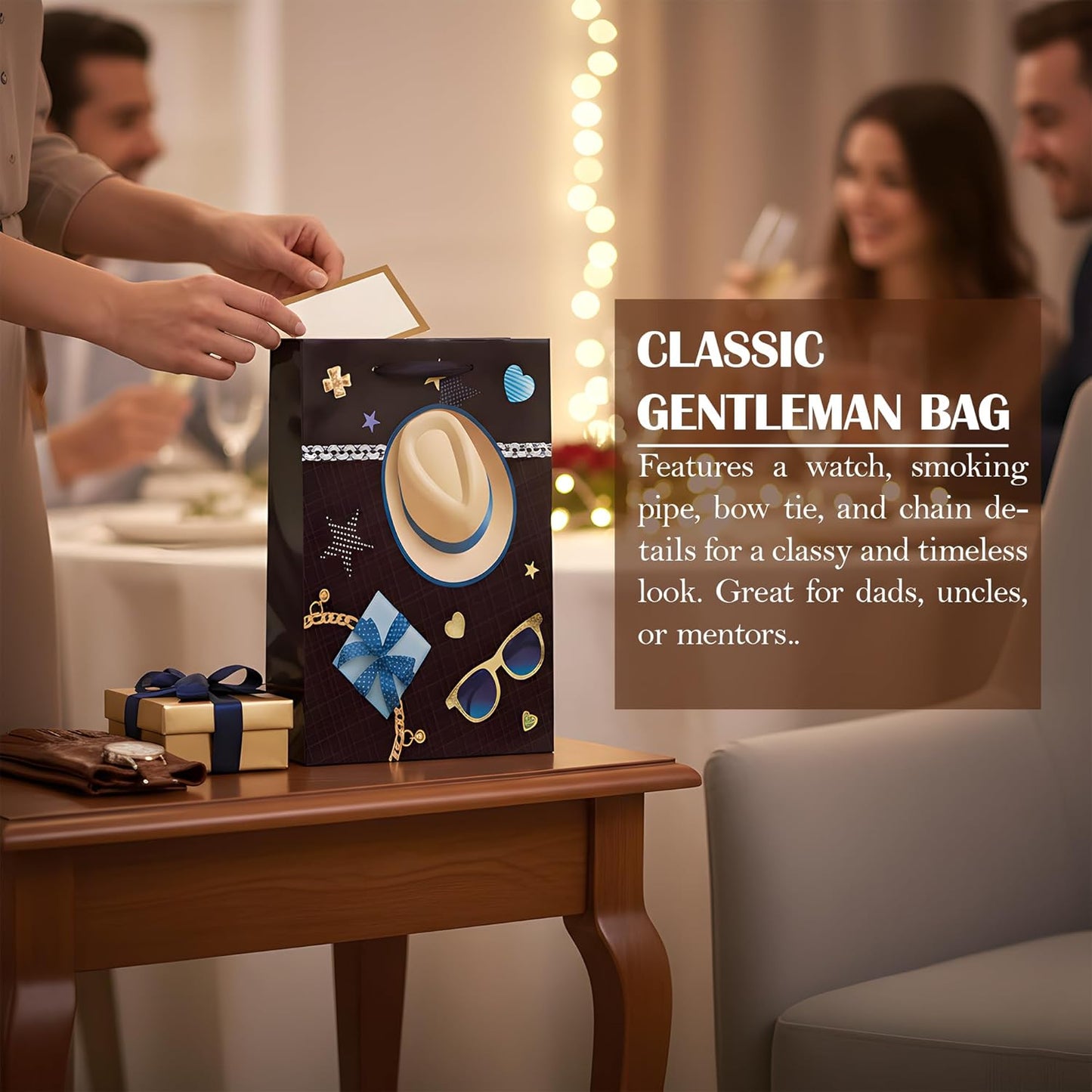 Gift bag with decorative elements on a table in a social setting