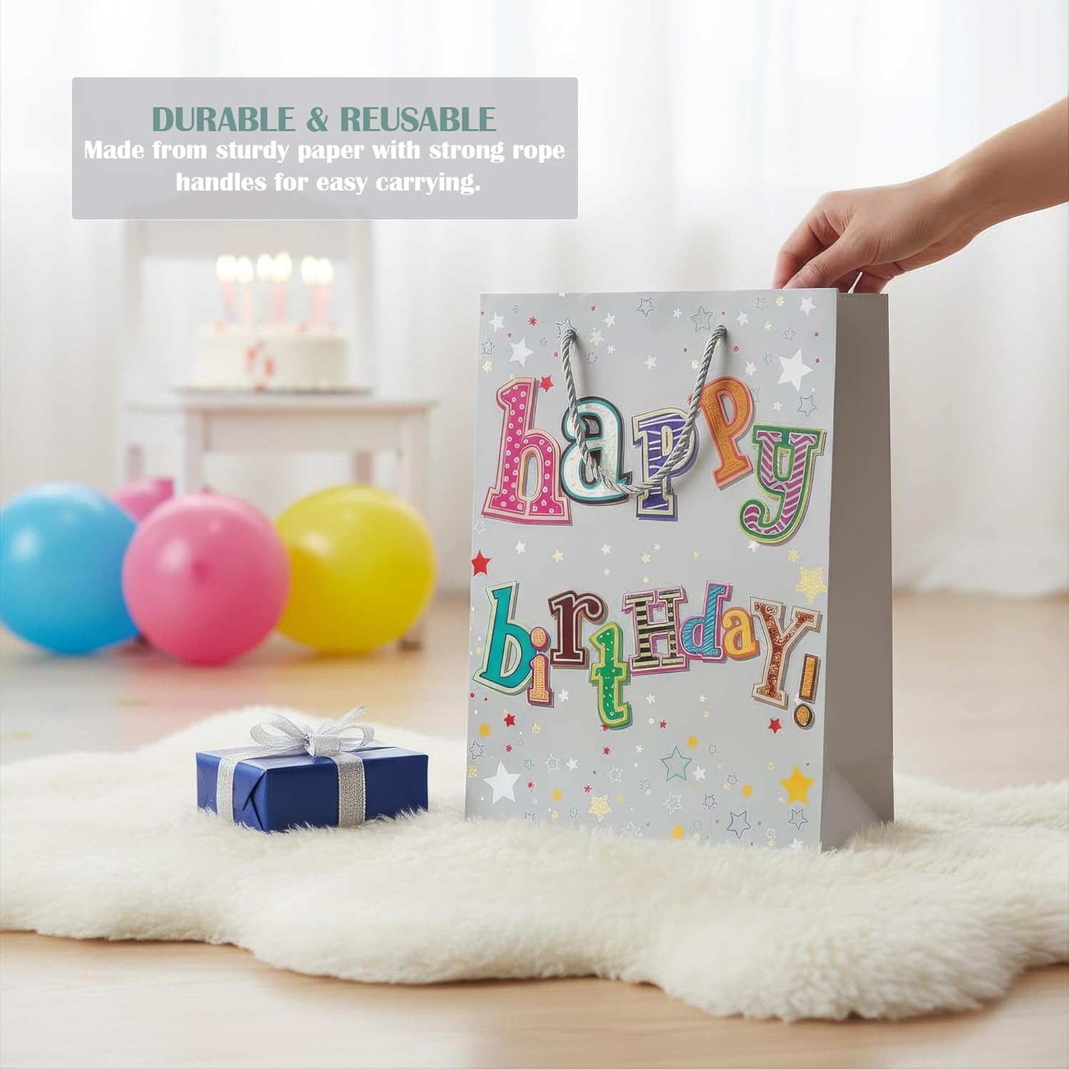 Birthday gift bag with 'Happy Birthday!' text, balloons, and a cake in the background.