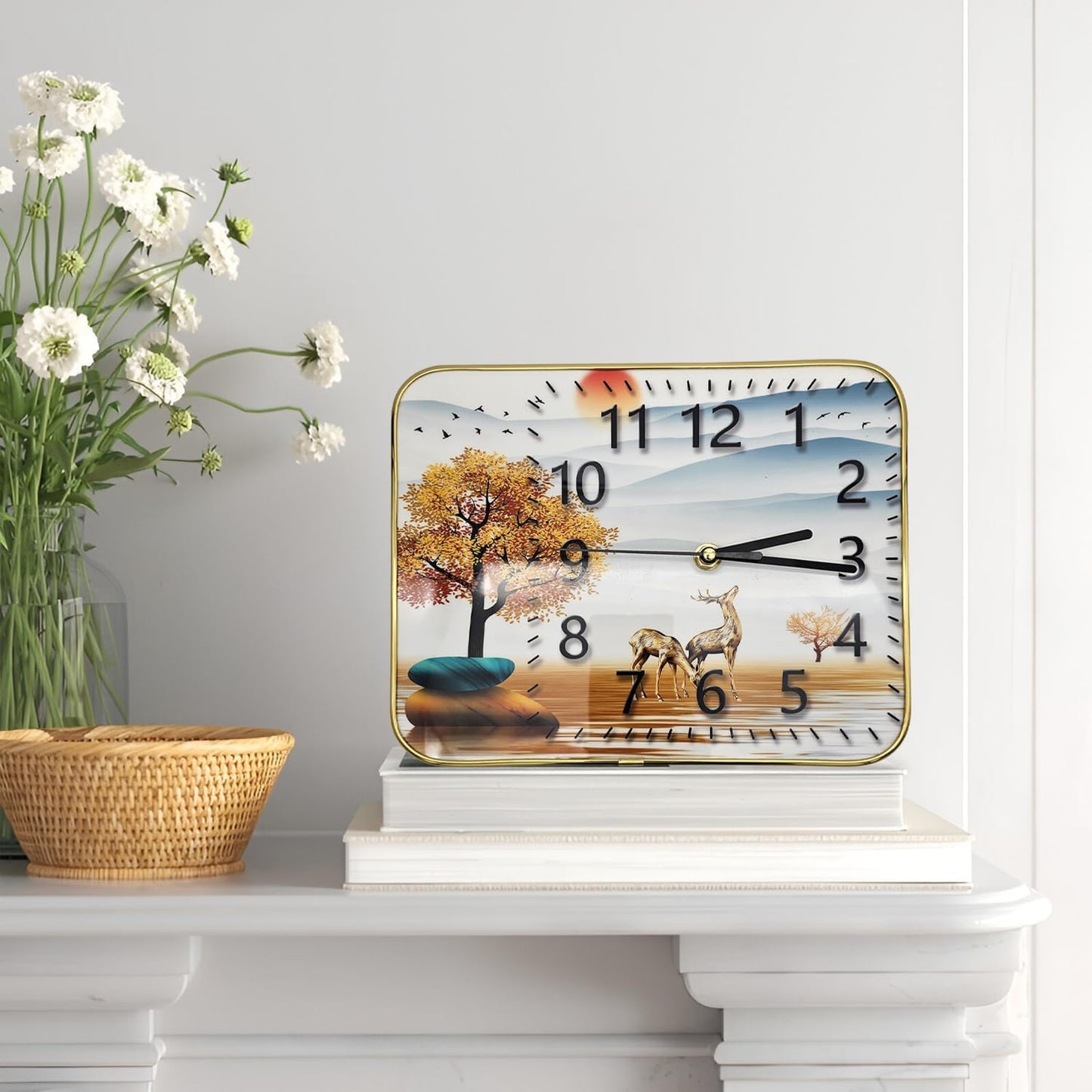 Decorative clock with a scenic design on a white surface with flowers and a basket.