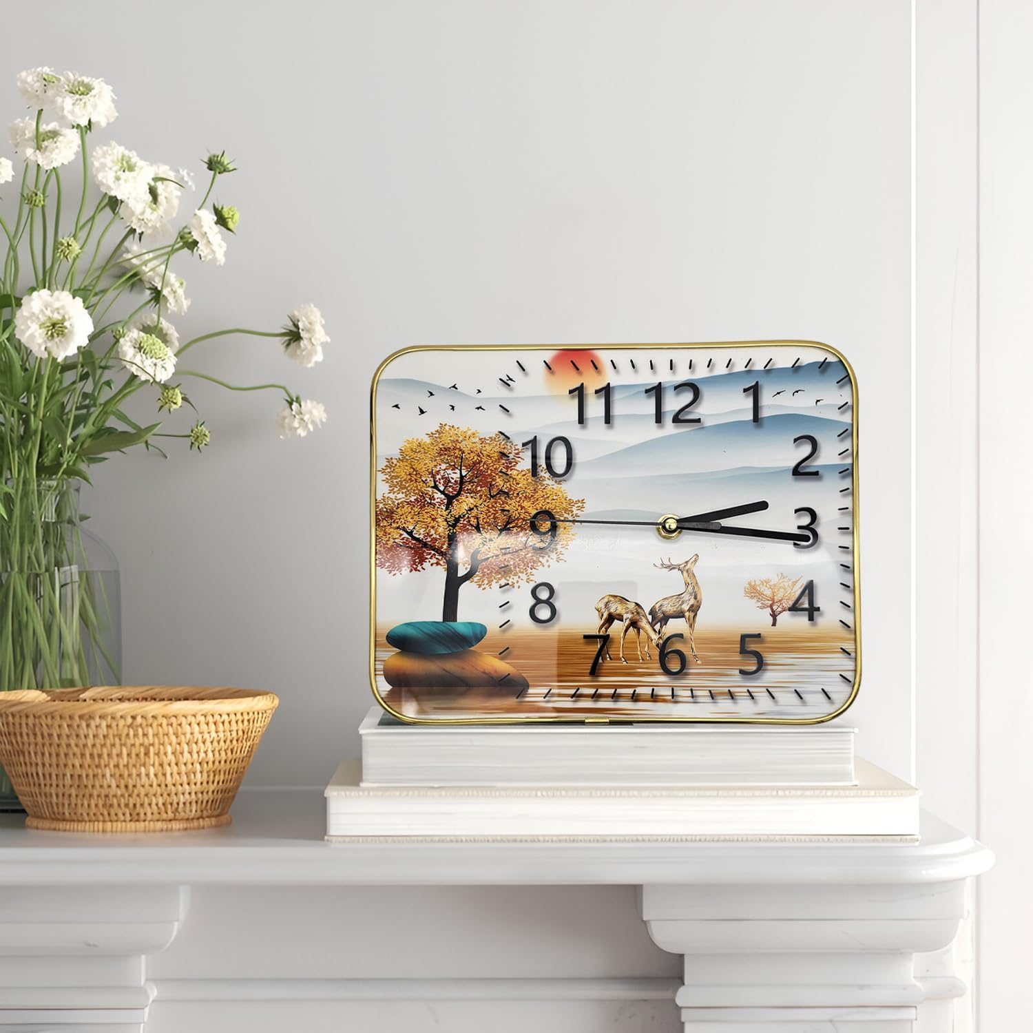 Decorative clock with a scenic design on a white surface with flowers and a basket.