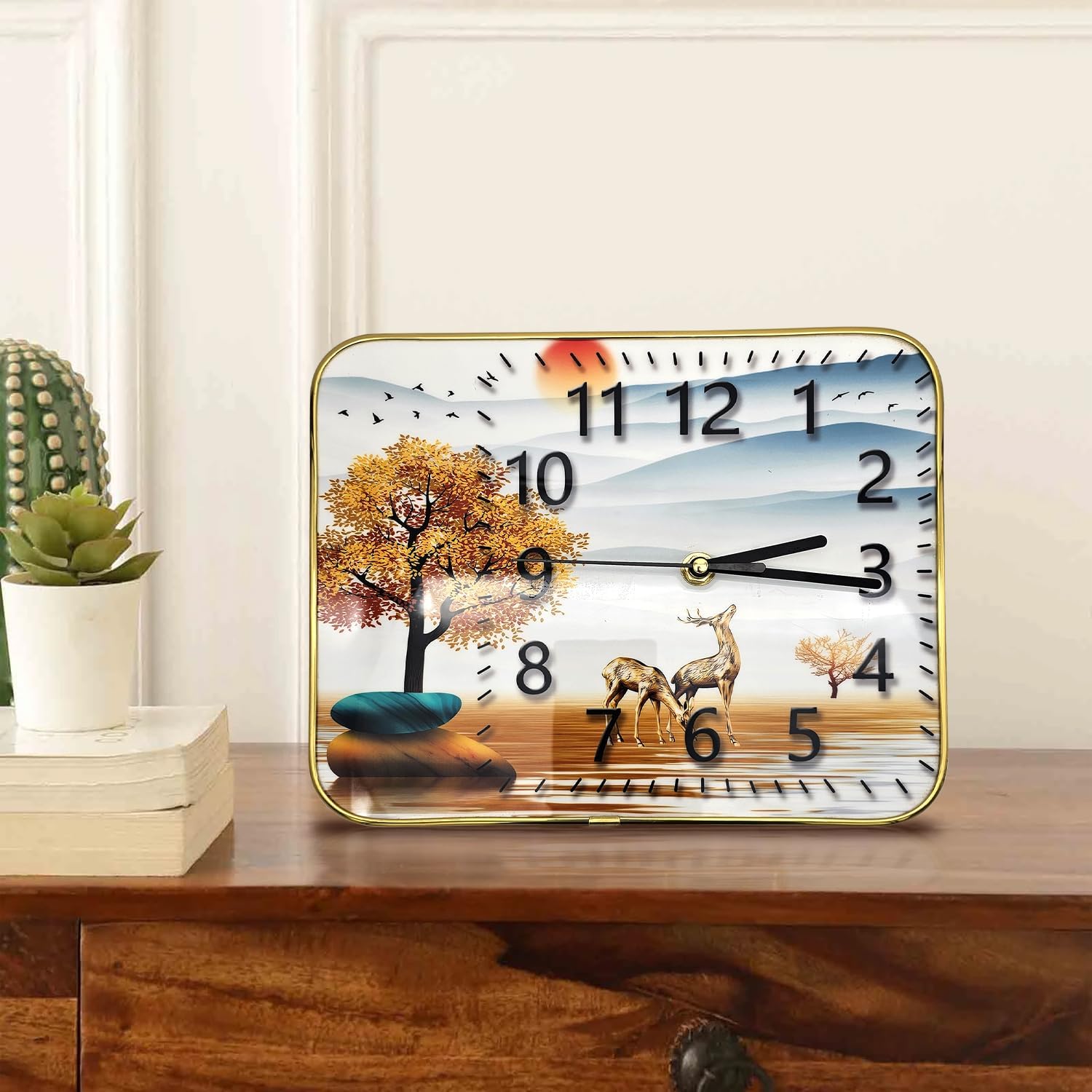 Decorative clock with nature design on a wooden surface