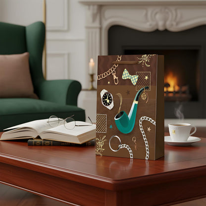 Decorative box with a pipe design on a wooden table in a cozy living room.