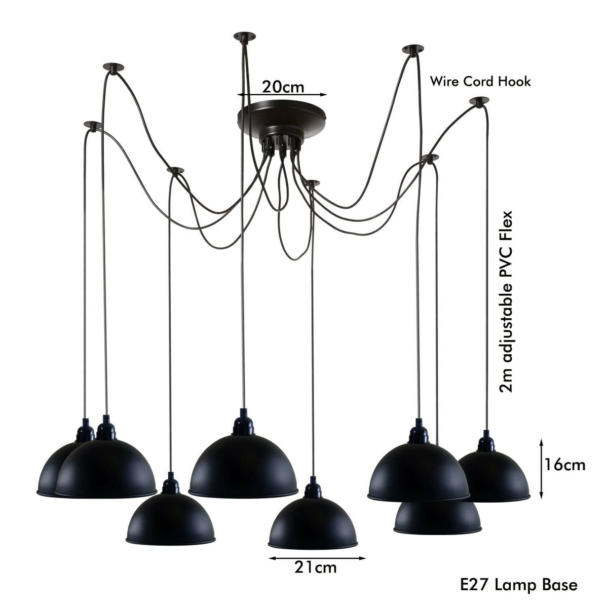 8 Light Spider Pendant – 2 m Adjustable Drops, Black, E27
