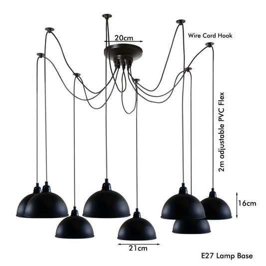 8 Light Spider Pendant – 2 m Adjustable Drops, Black, E27